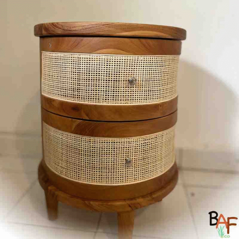 Solid teak bedside table with one storage drawer, handcrafted in Bali. Simple and functional design.