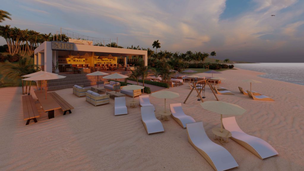 3D rendering of a luxury beach bar at sunset with loungers, umbrellas, tropical landscaping, and oceanfront ambiance ideal for visualizing a premium seaside experience.