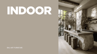 Modern organic indoor kitchen island with a raw stone base, wooden block bar stools, and "INDOOR" text banner.