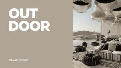 Luxury desert lounge with low striped outdoor seating, round poufs, fringed pendant lamps, and "OUTDOOR" text banner.