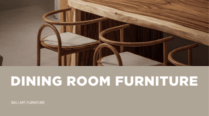 Solid wood live-edge dining table paired with modern curved wooden chairs and "DINING ROOM FURNITURE" banner.