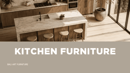 Modern kitchen island with a white marble waterfall countertop, wooden bar stools, and "KITCHEN FURNITURE" banner.