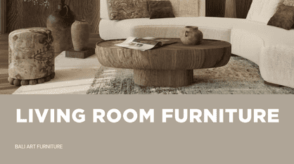 Modern warm living room set with a round wooden pedestal coffee table, curved cream sofa, patterned ottoman, and "LIVING ROOM FURNITURE" banner.