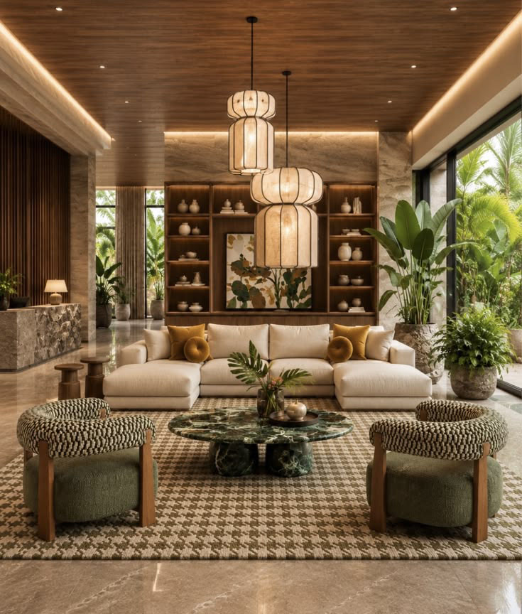 living room art deco with biophilic seats and gorgeous pendant lamp