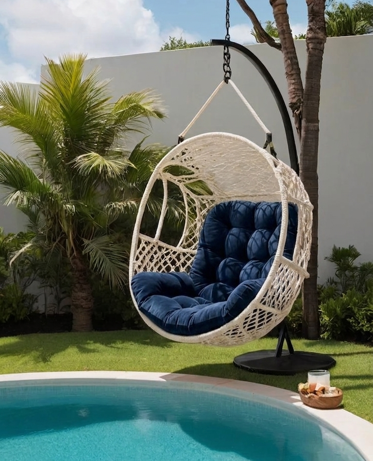 poolside swing with hanging pole tropical design