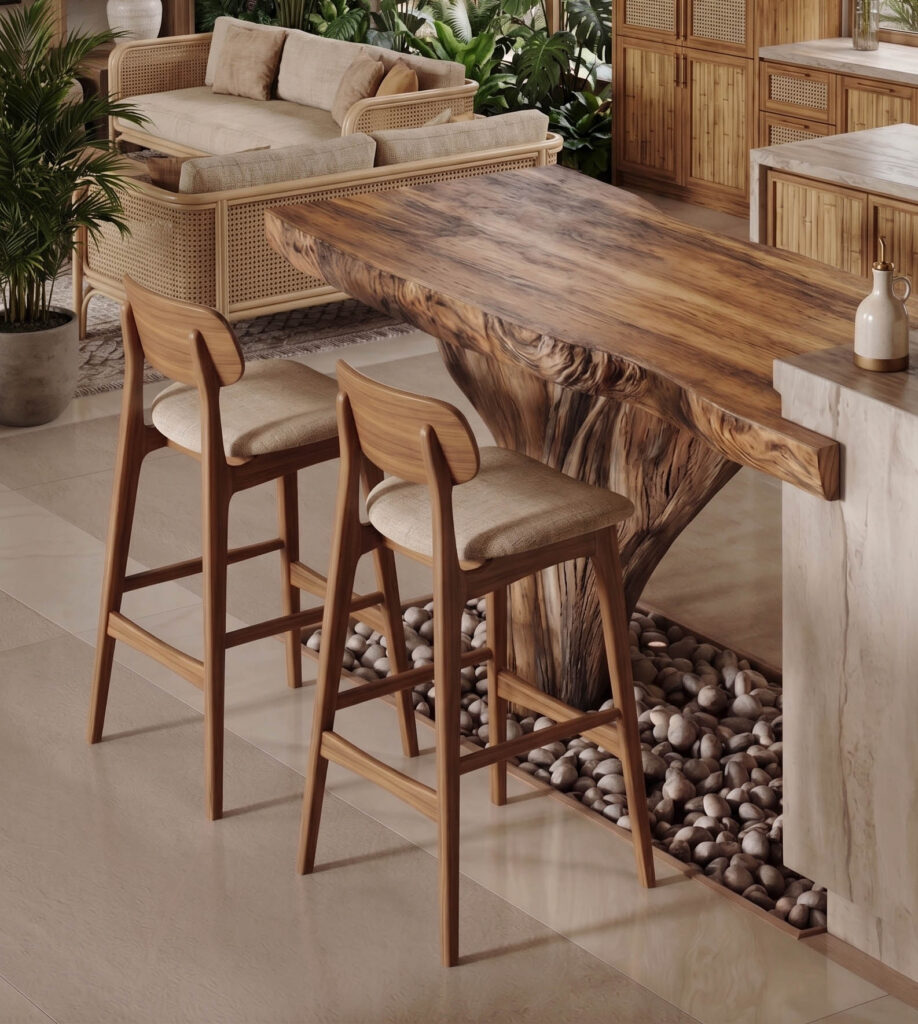 bar table and stools in teak wood indonesia raw root design